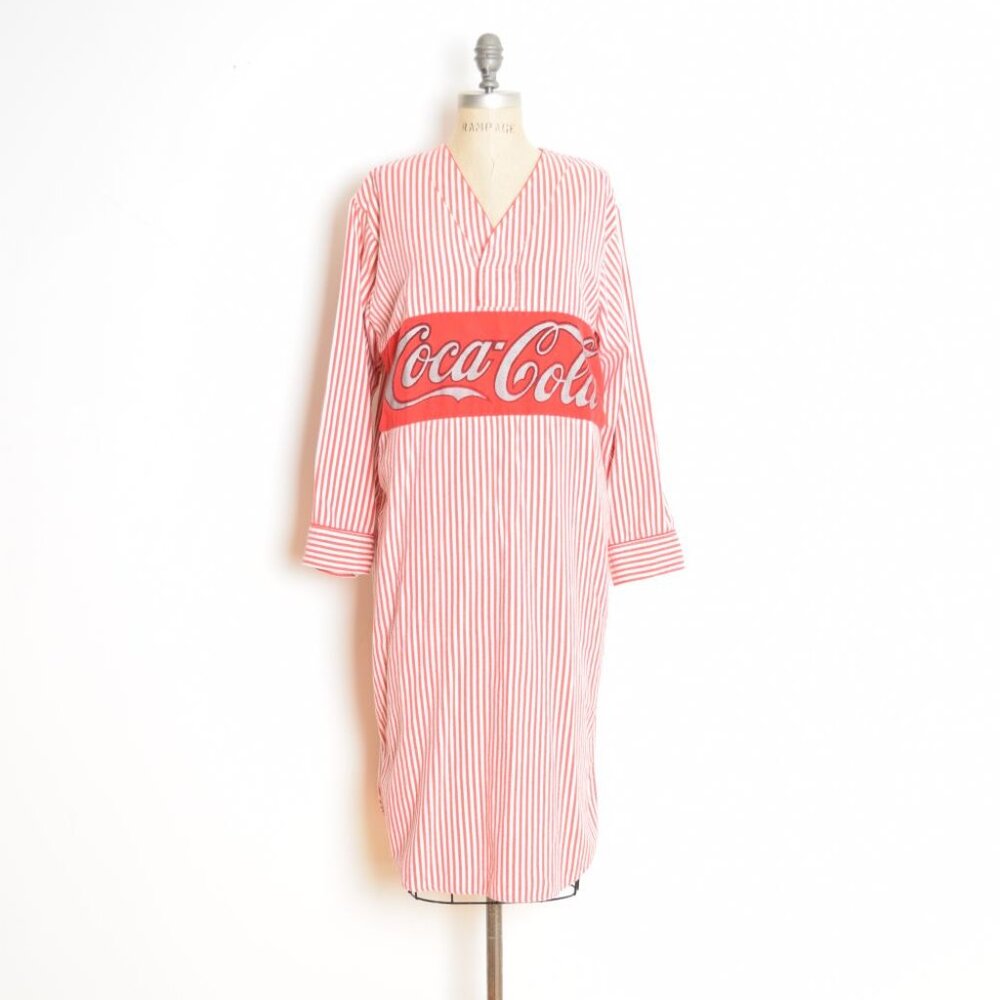 vintage 80s nightgown dress red striped flannel COCA COLA print long maxi - Picture 1 of 9